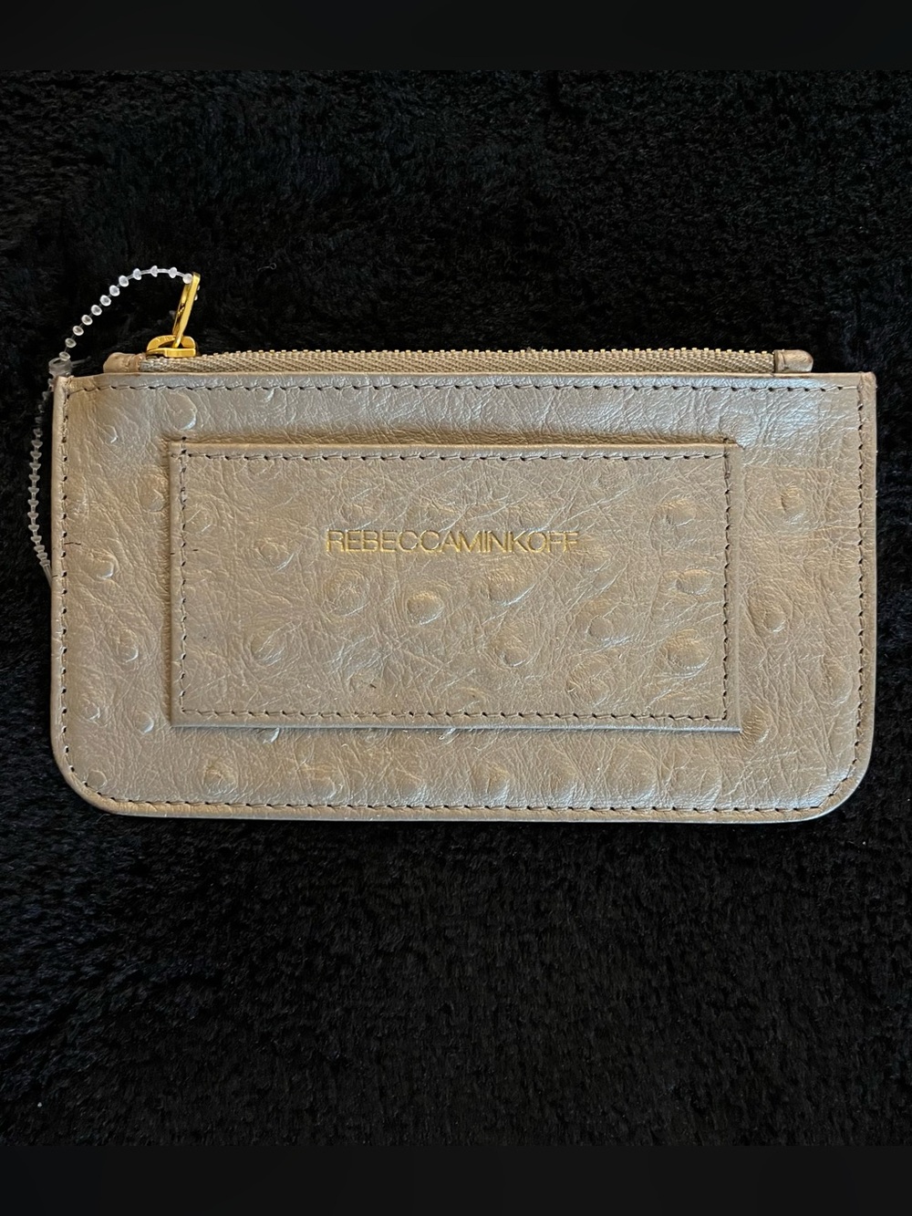 NWOT Rebecca Minkoff Beige Ostrich-Texture Zip Card Case with Gold Logo.